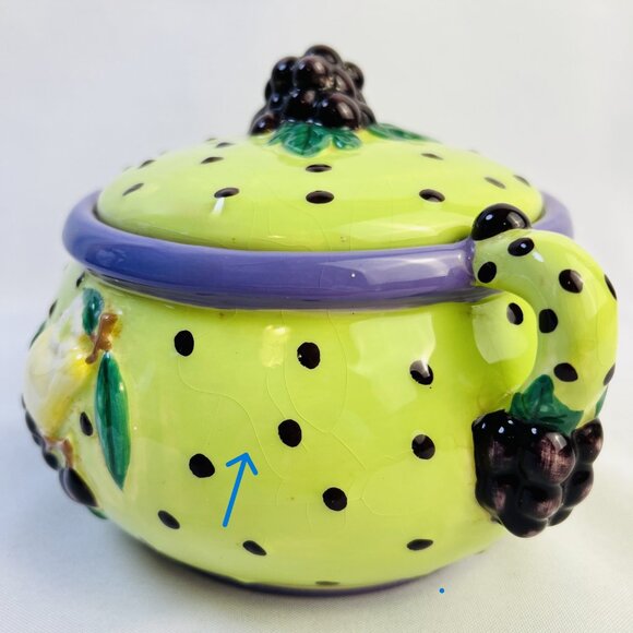 CBK Purple & Lime Green Ceramic Whimsical Vintage Lidded Pot Grapes Pears 7” - Picture 10 of 10